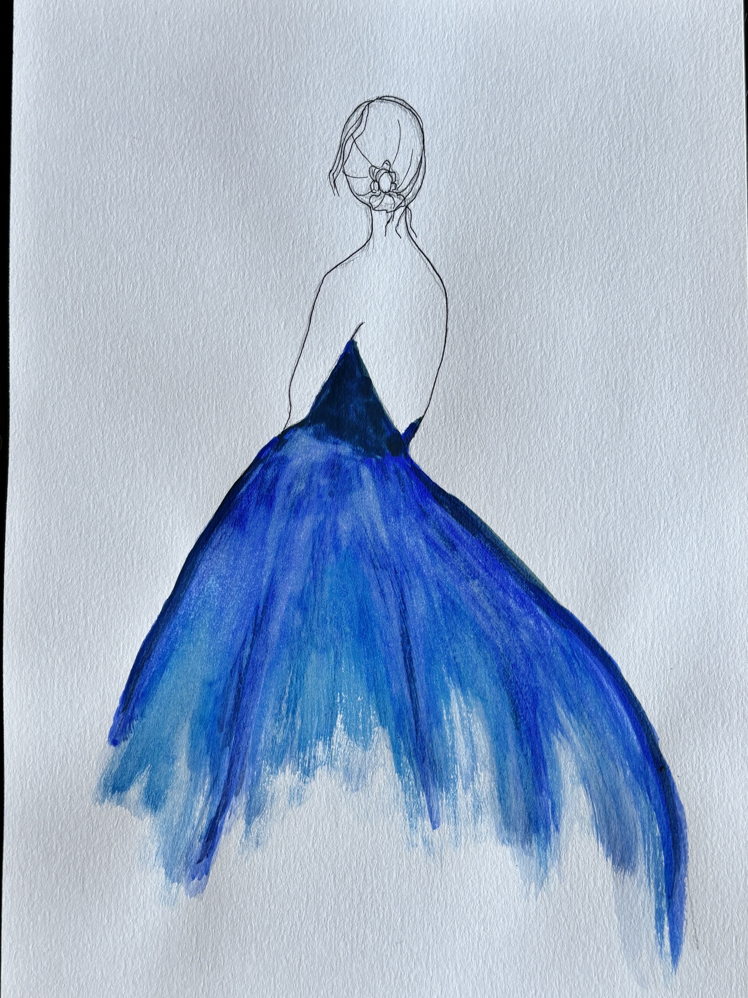 Fashion illustration of a figure in a flowing blue gown