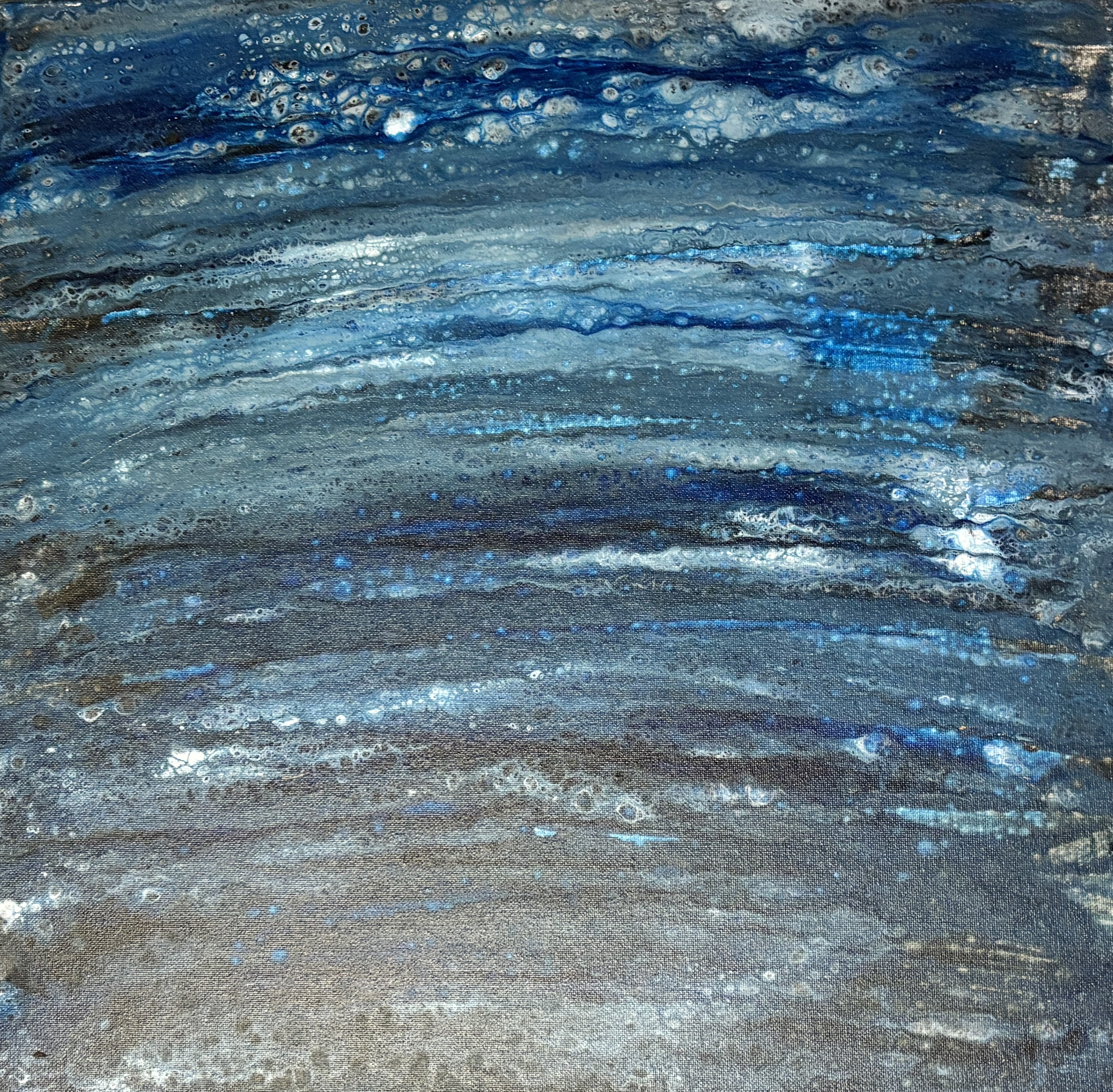 Abstract fluid art in layered blues and grays