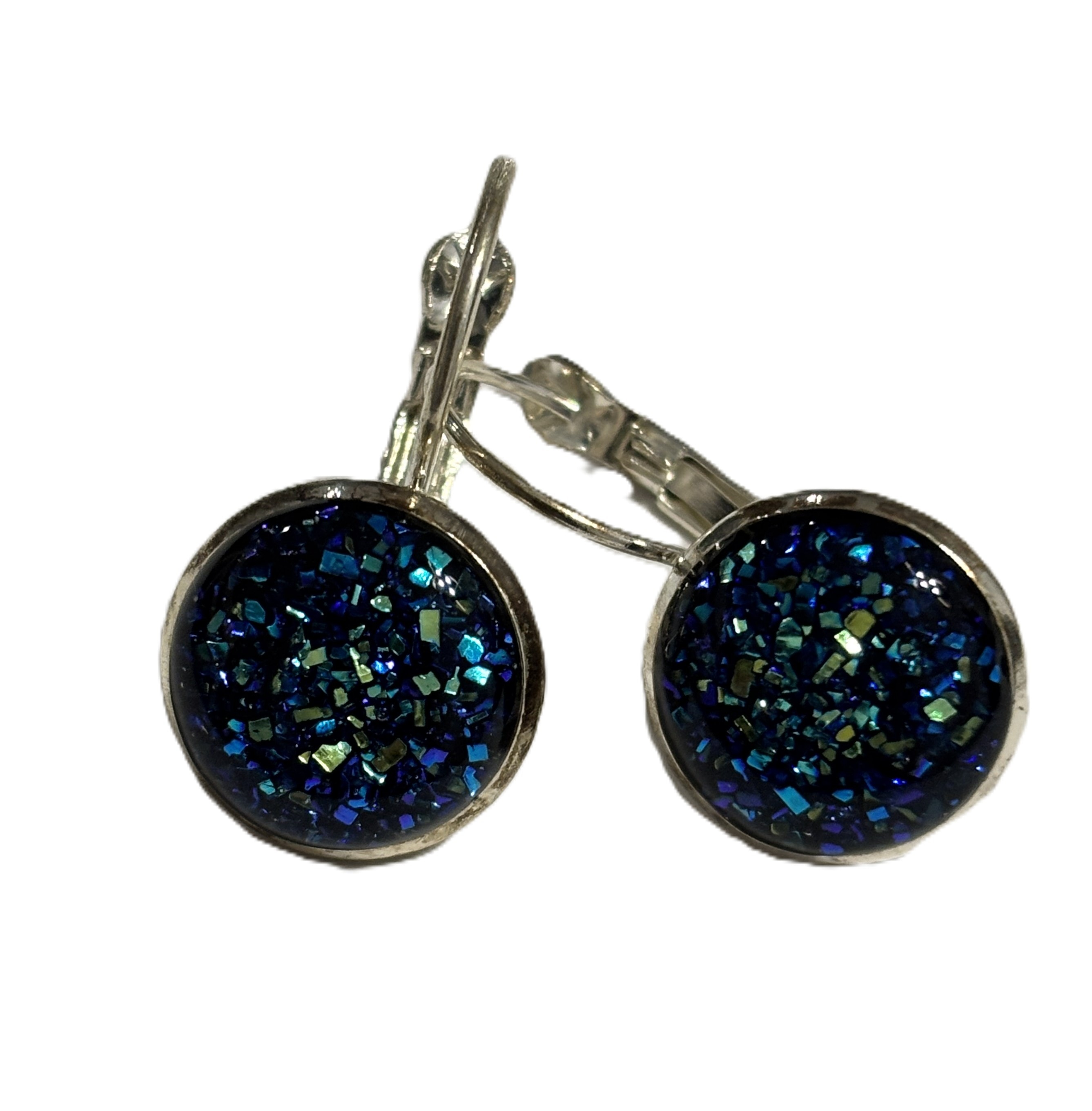 Blue druzy crystal drop earrings in silver settings