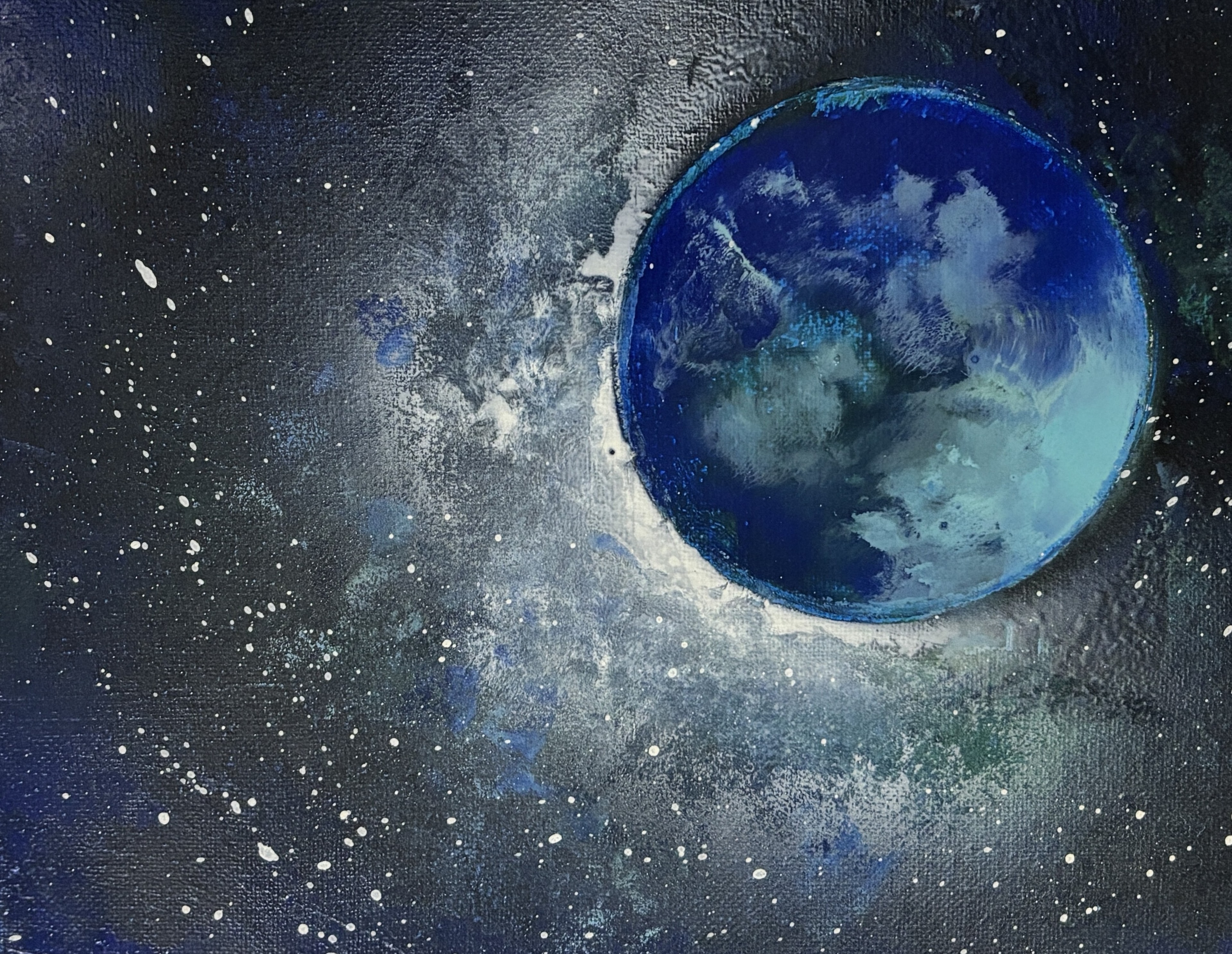 Acrylic painting of Earth in a starry night sky