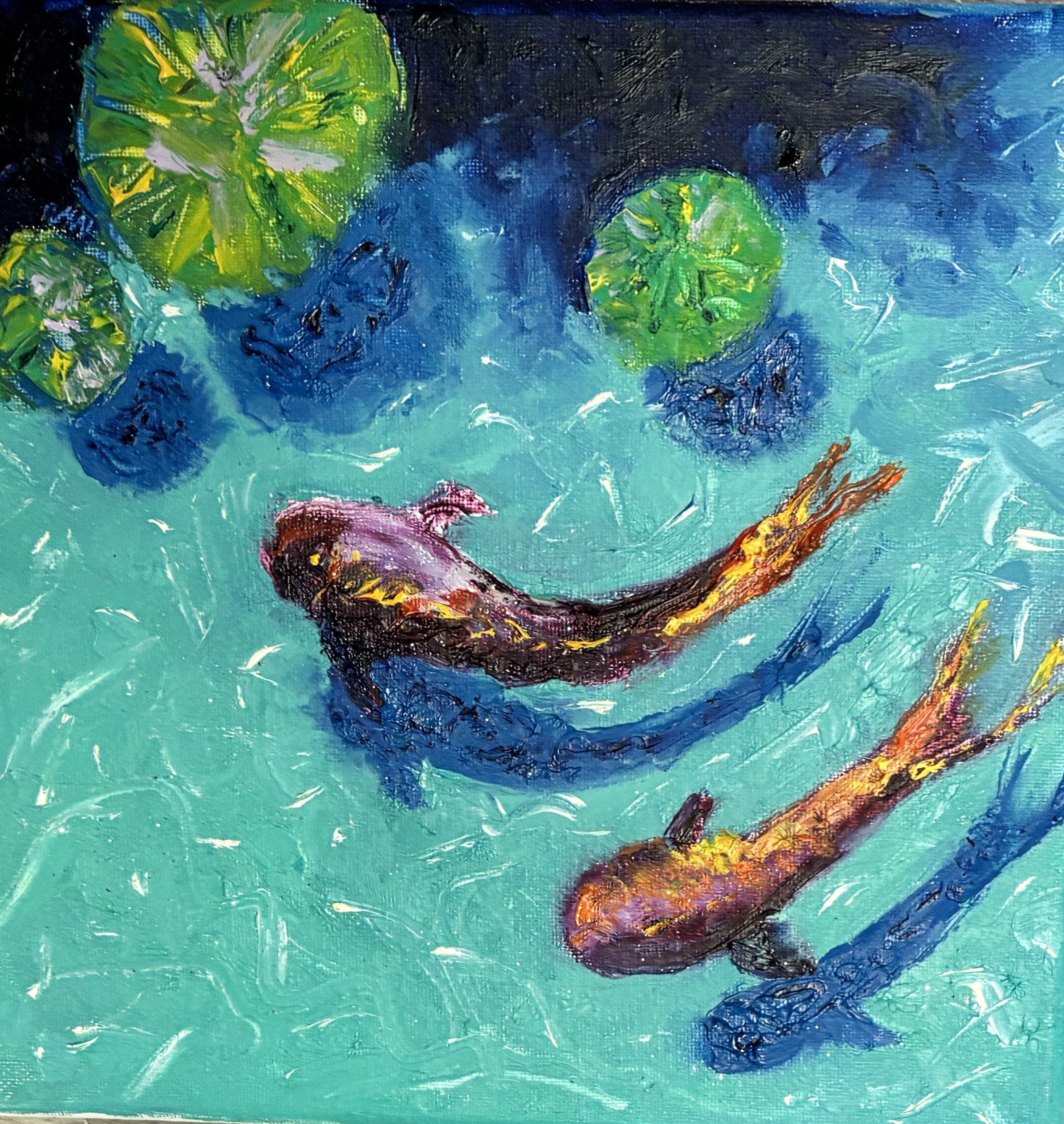 Painting of koi fish swimming among lily pads