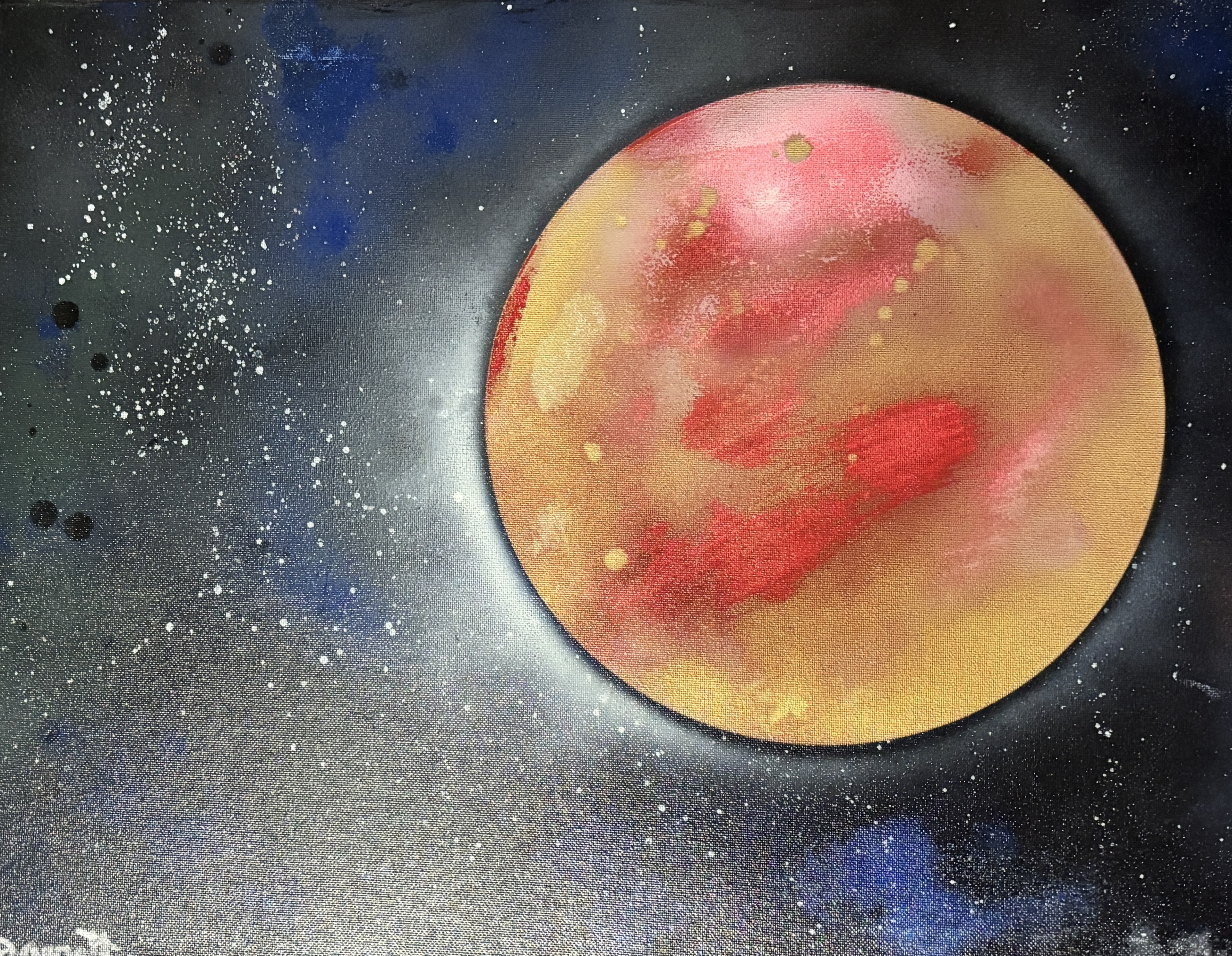 Painted celestial planet with red and gold tones against a starry sky