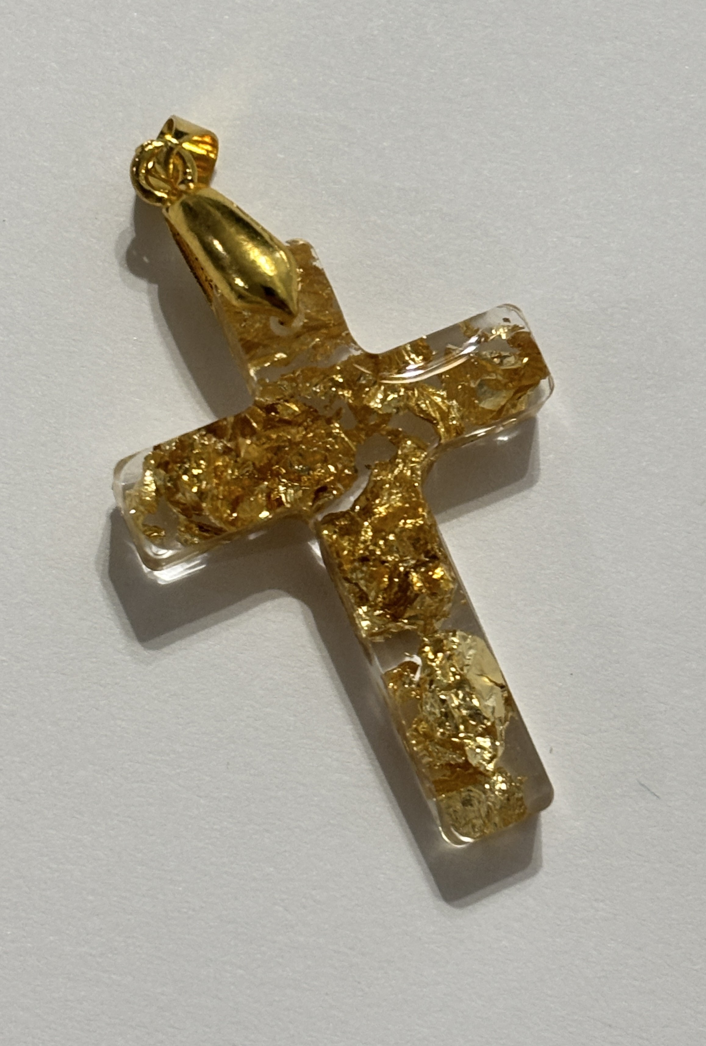 Handmade resin cross pendant with gold leaf flakes