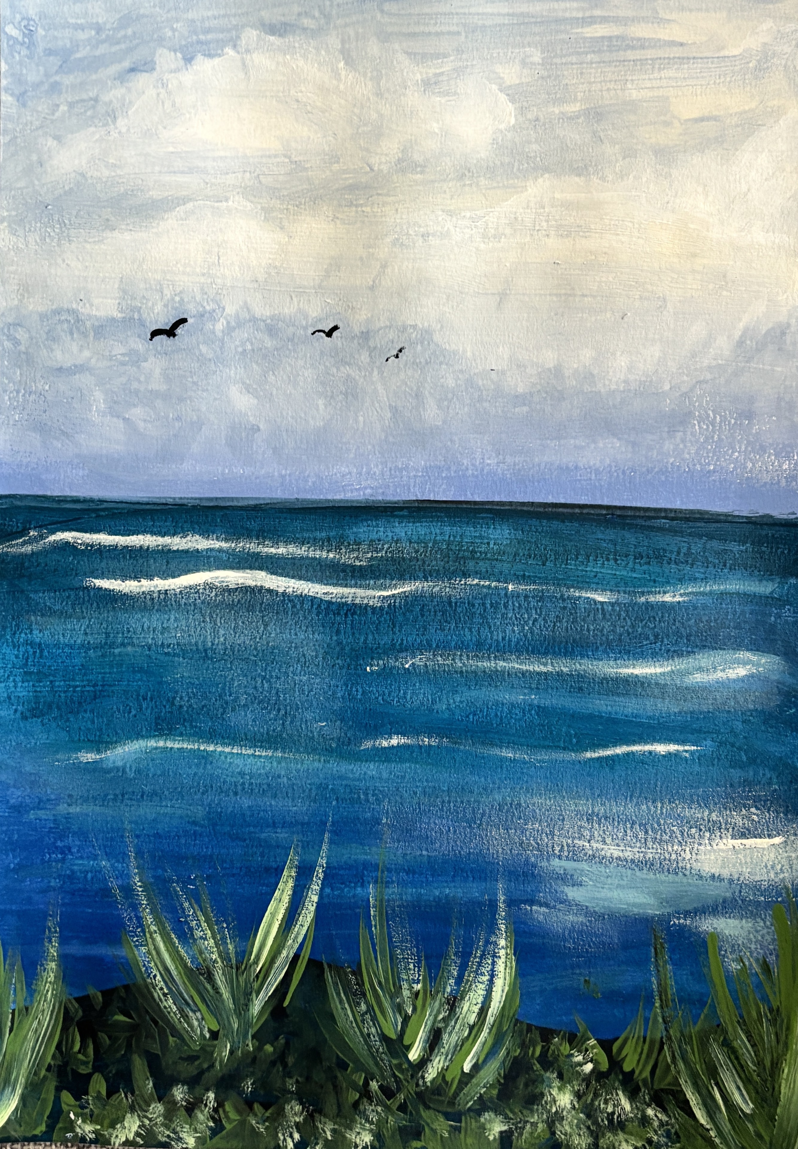 Painted coastal seascape with ocean waves and vegetation