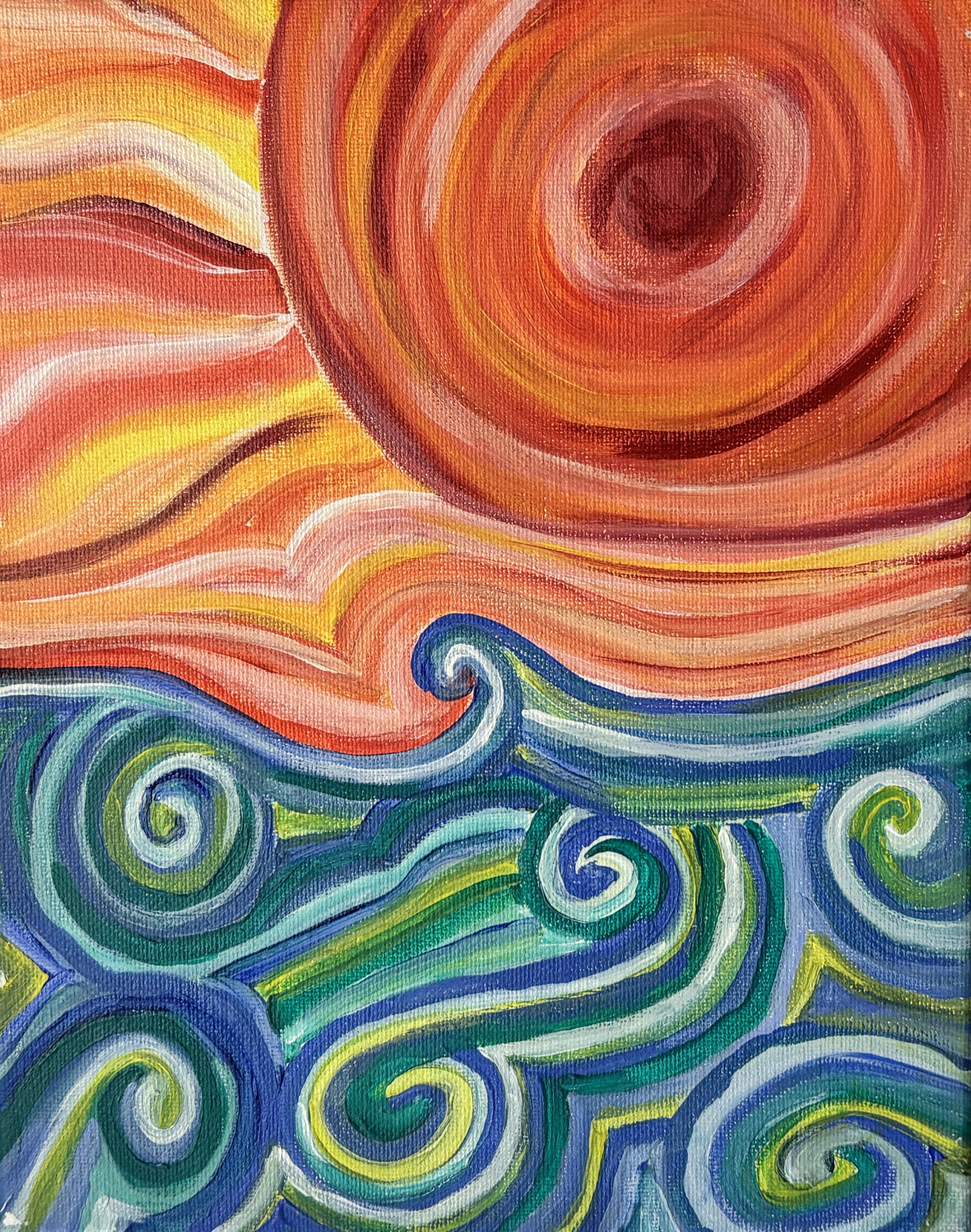 Acrylic painting of a swirling sun over ocean waves in warm oranges and cool blues